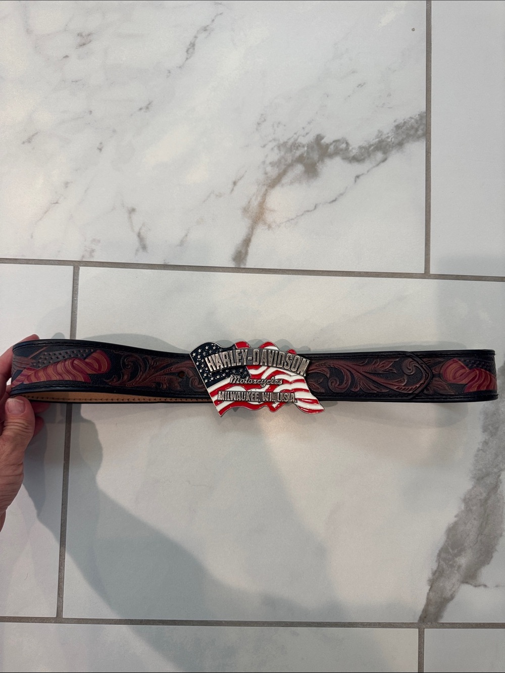 Harley-Davidson Black and Red Leather Belt with American Flag Buckle
